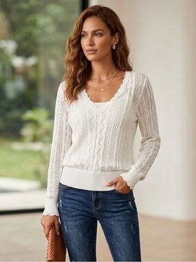 Sundance White Scalloped V-Neck Open-Knit Sweater